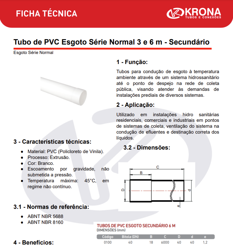 Ficha Técnica – Tubo de PVC Esgoto Série Normal 3m – Primário