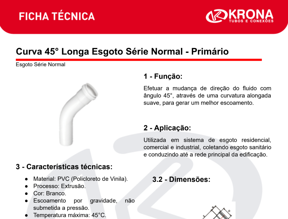 Ficha Técnica – Curva 45° Longa Esgoto Série Normal – Primário