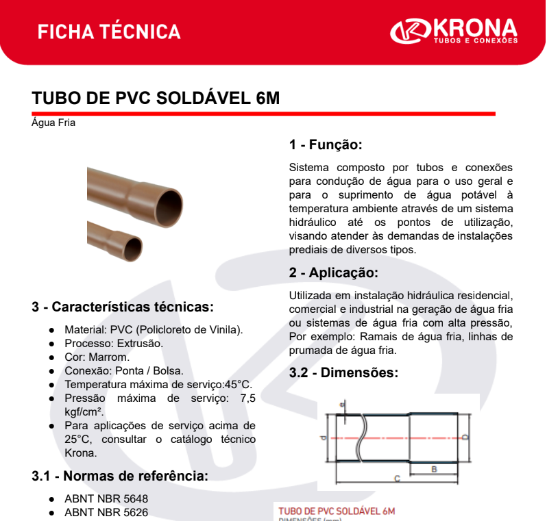 Ficha Técnica – Tubo de PVC Soldável 6M