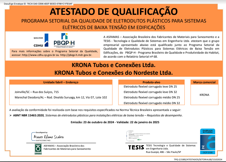 Atestado de Qualificação (KRONA) – Programa Setorial da Qualidade de Eletrodutos Plásticos para Sistemas Elétricos de Baixa Tensão em Edificações – 23/10/2024 até 22/01/2025