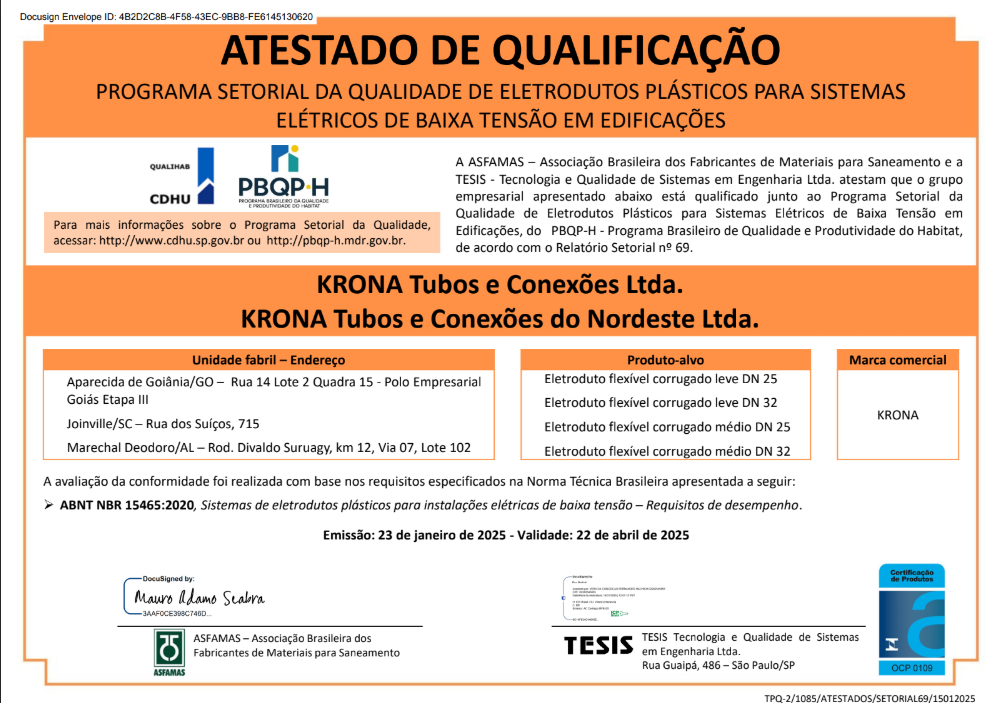 Atestado de Qualificação (KRONA) – Programa Setorial da Qualidade de Eletrodutos Plásticos para Sistemas Elétricos de Baixa Tensão em Edificações – 23/01/2025 até 22/04/2025