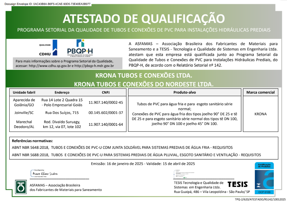 Atestado de Qualificação (KRONA) – Programa Setorial da Qualidade de Tubos e Conexões de PVC para Instalações Hidráulicas Prediais – 16/01/2025 a 15/04/2025